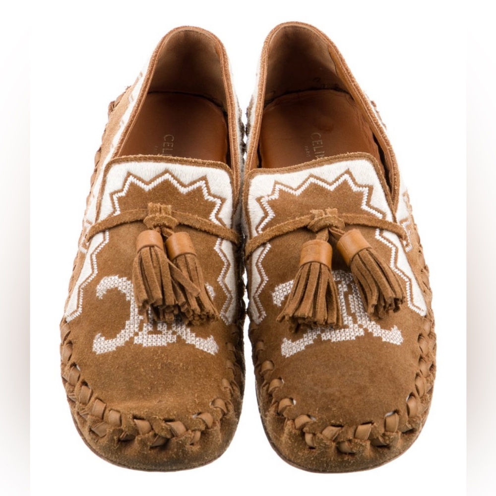 Celine Triomphe embroidered suede moccasins